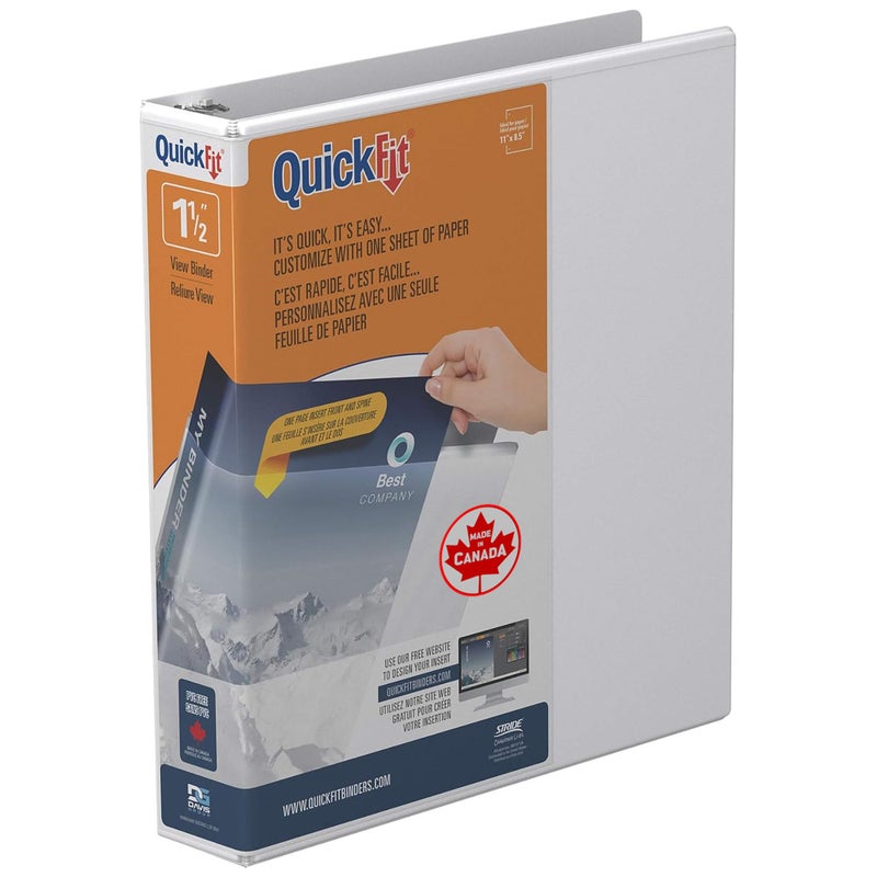 QuickFit View Binder, 3-Ring Binder for School or Office, D Ring, White, Single, 1.5 Inch